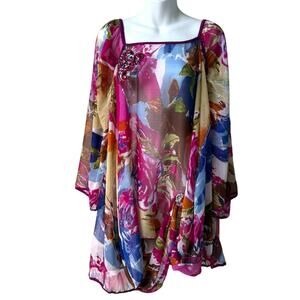 Sheer Silk Floral Asymmetric Kaftan Tunic Large Sequin Embellished Bold Indian
